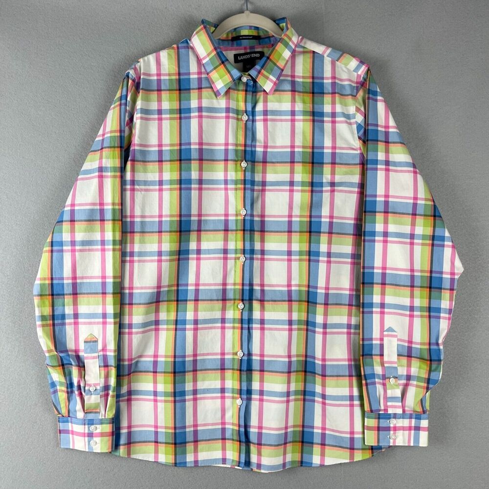 Lands End No Iron Supima Cotton Top Womens 18T Tall Plaid Button Up Long Sleeve